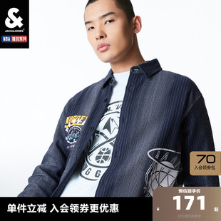 外套男装 杰克琼斯outlets24春男翻领logo刺绣长袖 条纹上衣衬衫