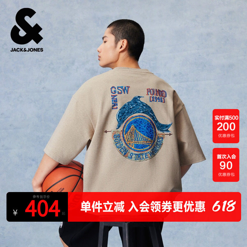 【NBA联名款勇士队】杰克琼斯男装短袖T恤上衣图案胶印圆领宽松