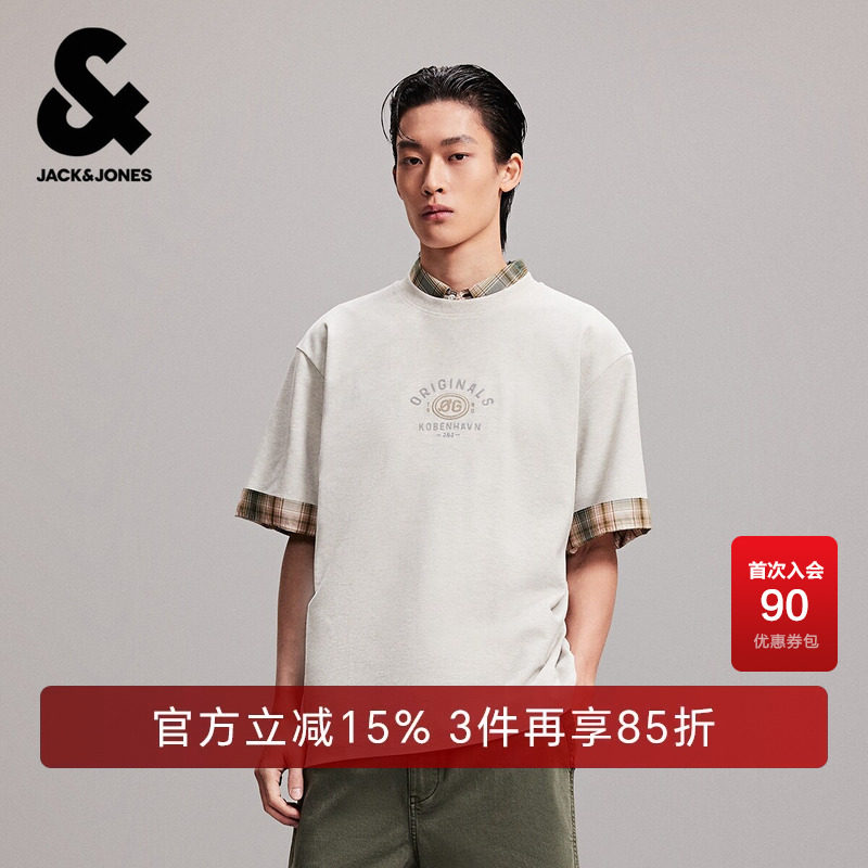 杰克琼斯男装短袖T恤时尚百搭宽松字母刺绣背后字母印花立体感潮
