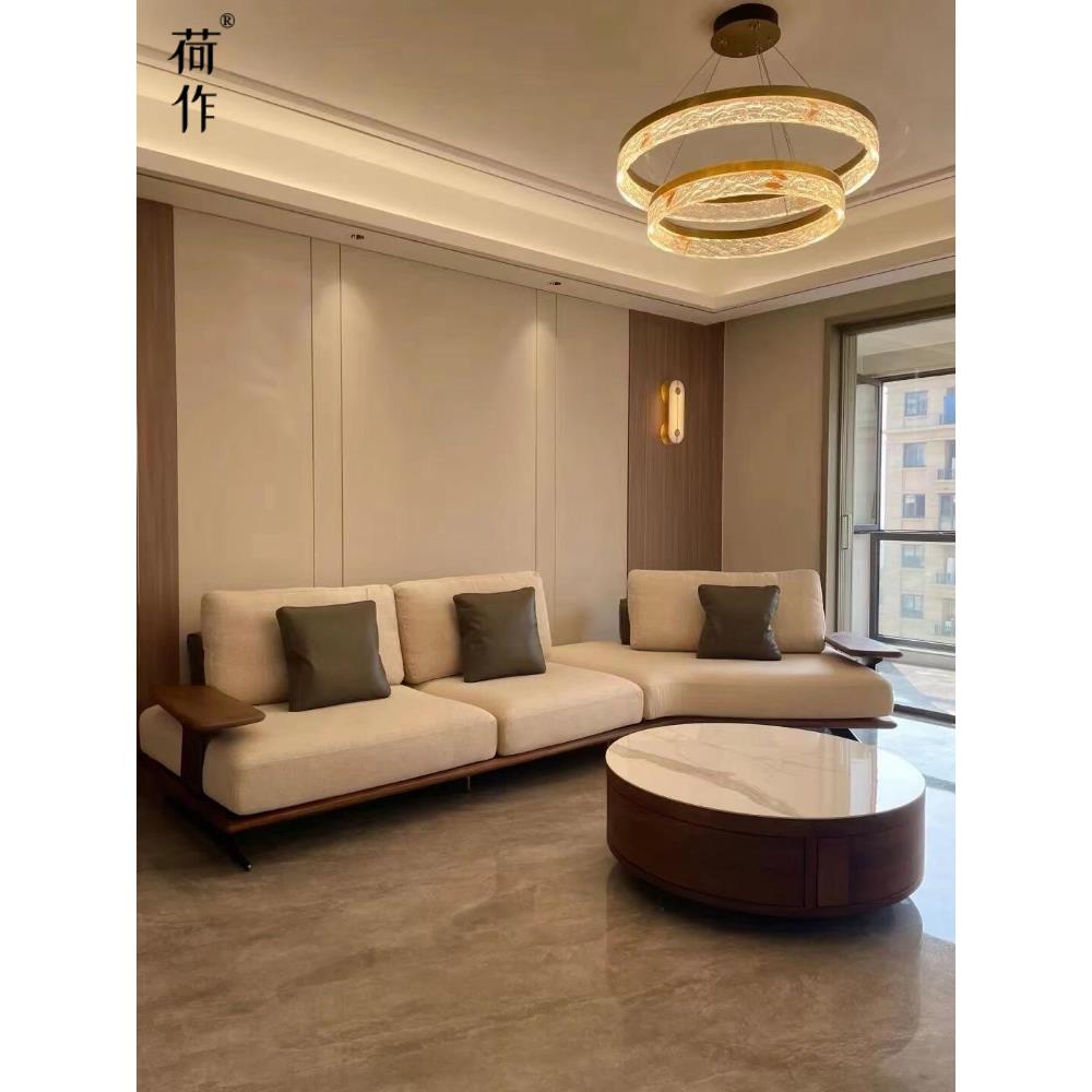 荷作新中式黑胡桃木简约实木布艺直排沙发大户型客厅宋氏美学沙发