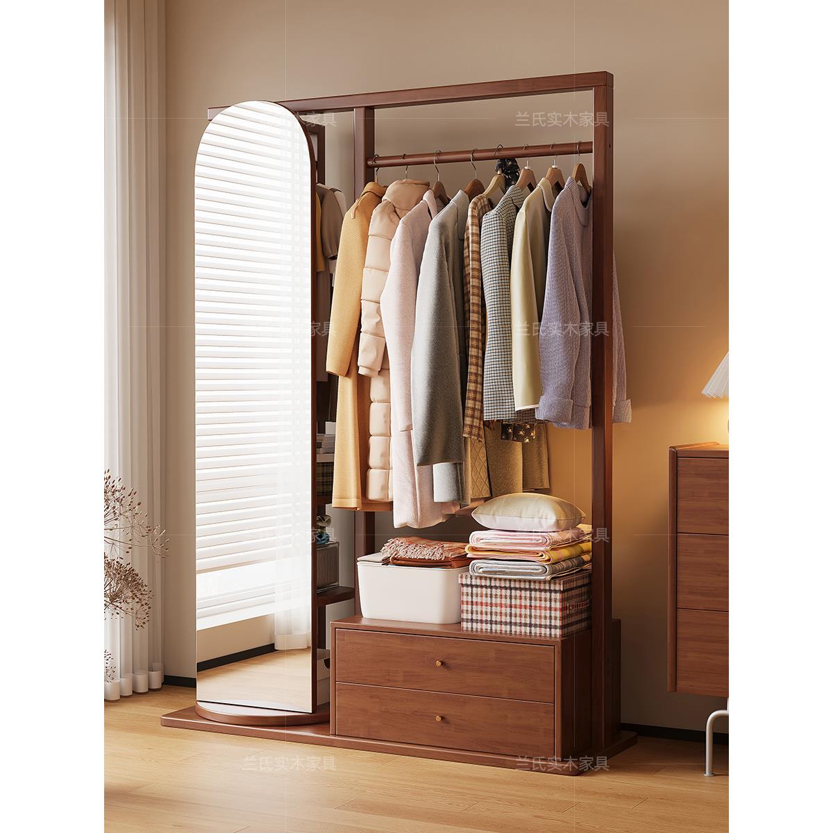 实木挂衣架落地卧室多功能衣帽架带镜子家用旋转穿衣镜一体大衣架