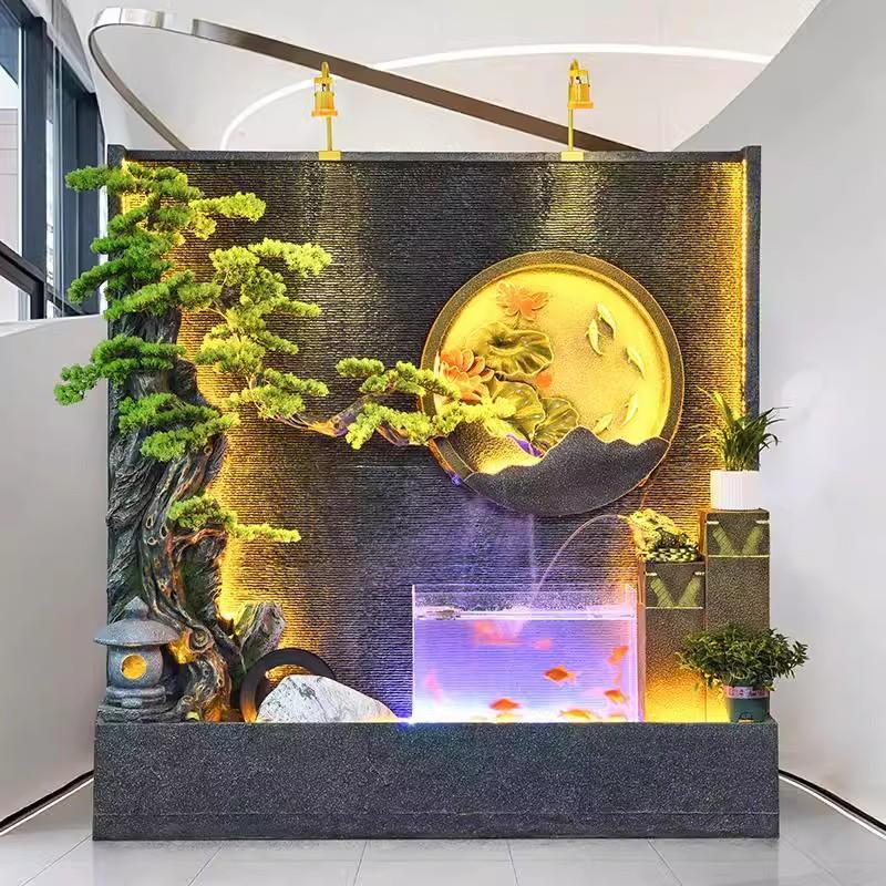 水幕墙庭院内外屏风迎客松落地中式办公室鱼池喷泉公司背景墙摆件