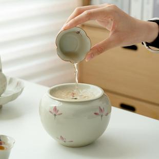 草木灰纯手绘粉兰花陶瓷单个茶渣水盂带盖家用盖碗茶壶废水缸建水