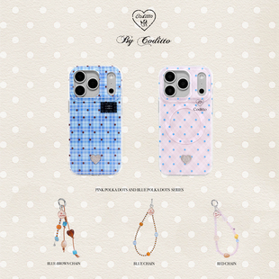 coditto蓝格纹波点磁吸双层印花适用iphone15 16苹果17promax手机壳创意ins风保护套小众原创设计挂绳挂件