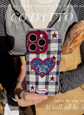 coditto原创镶钻格纹牛仔甜心精孔适用苹果16promax手机壳全包iPhone16pro15promax保护套15pro16小众高级感