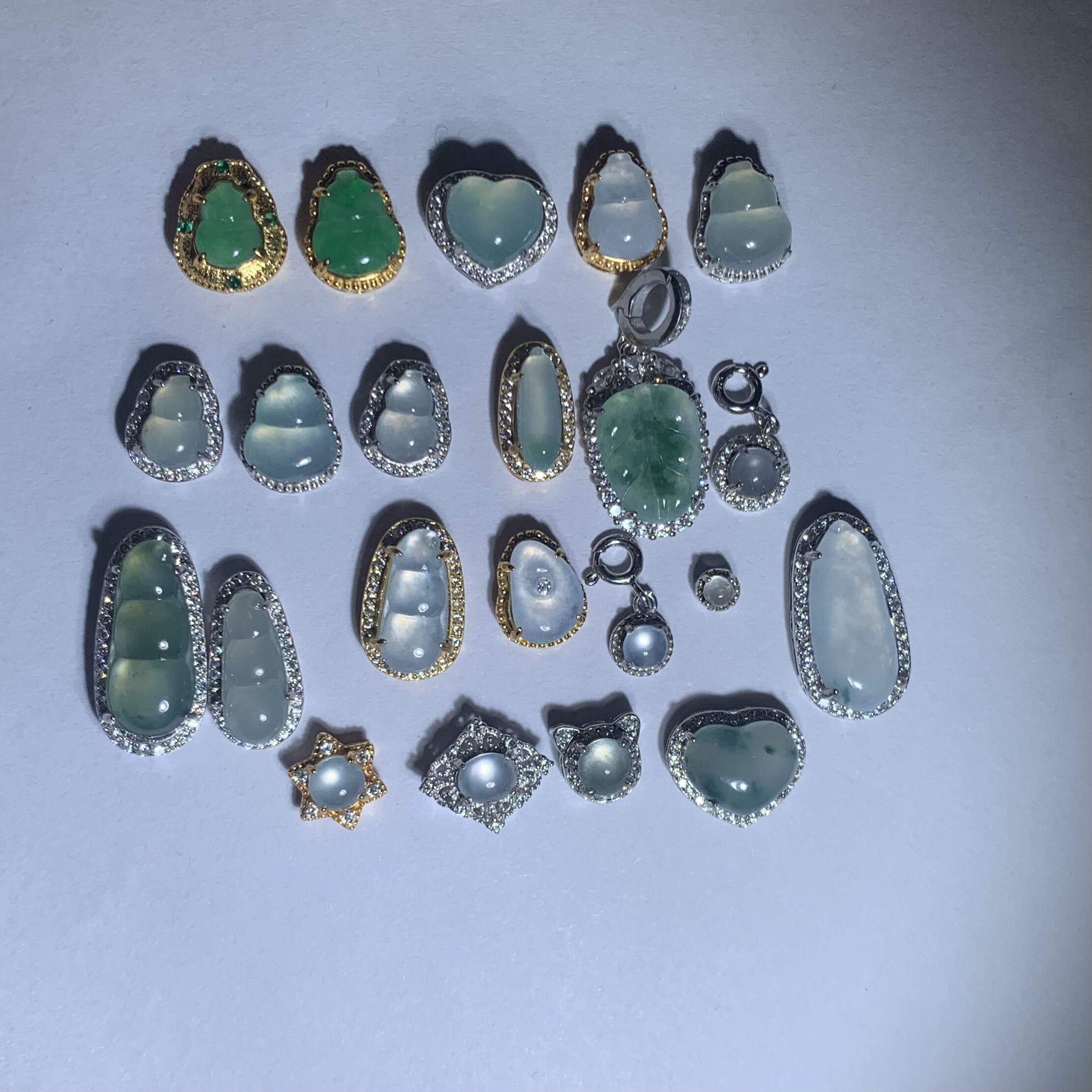 天然翡翠A货缅料果绿葫芦高冰蛋面金盘缠手链配件通体925银镶