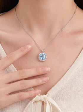 S925纯银海蓝方糖项链女精致小众