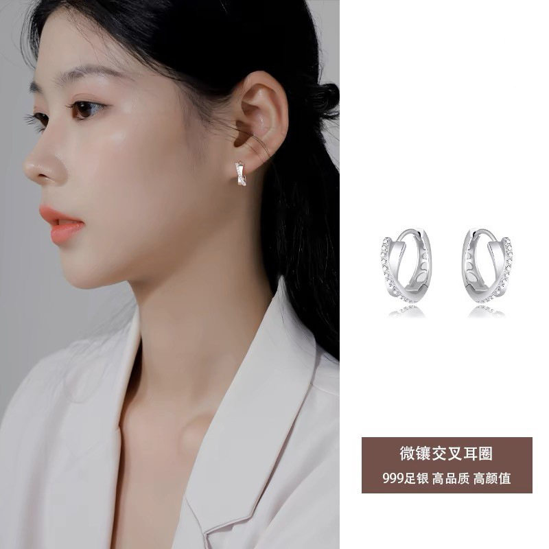 s999纯银交叉耳圈冷淡风小众几何