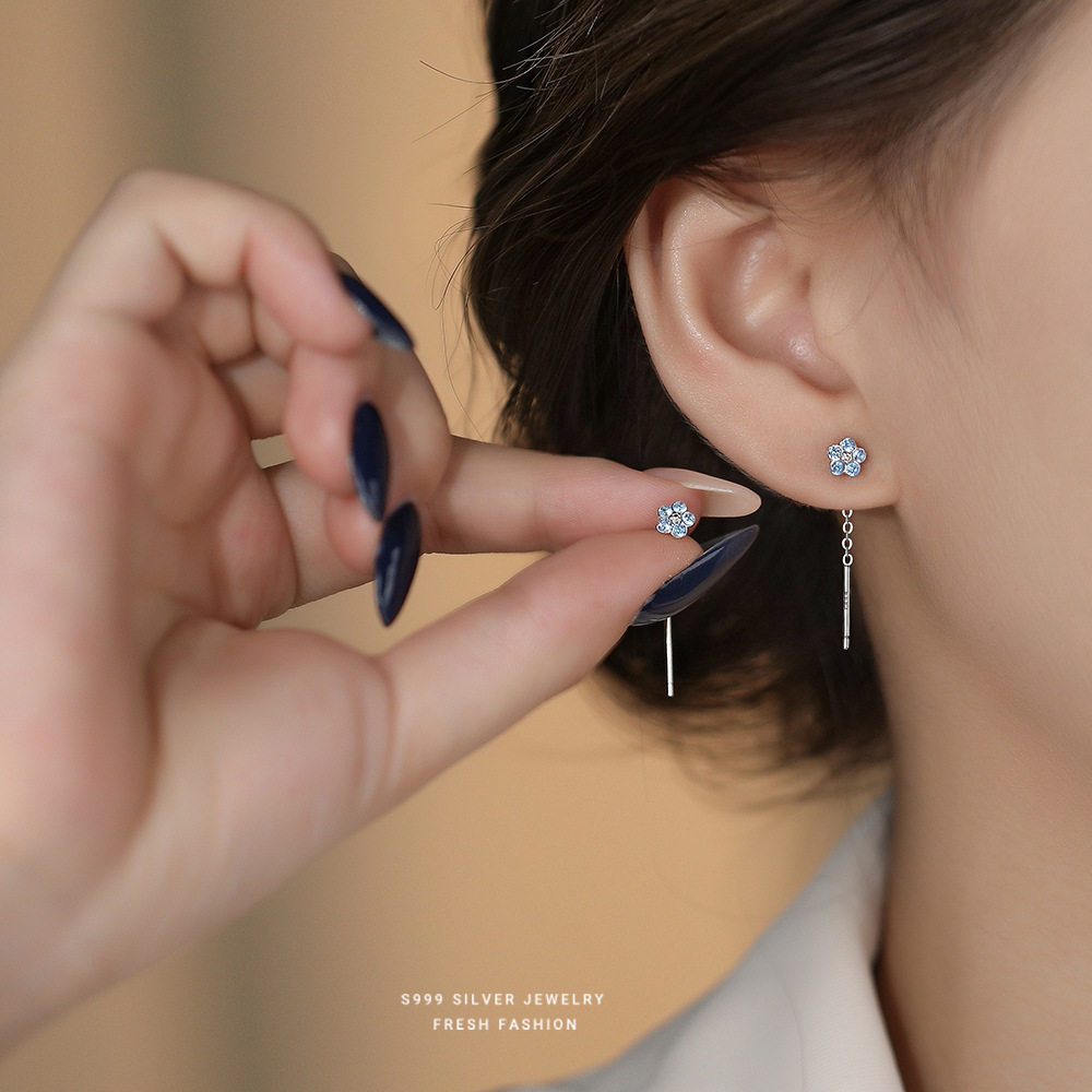 S999纯银清新蓝色花朵耳线女长款
