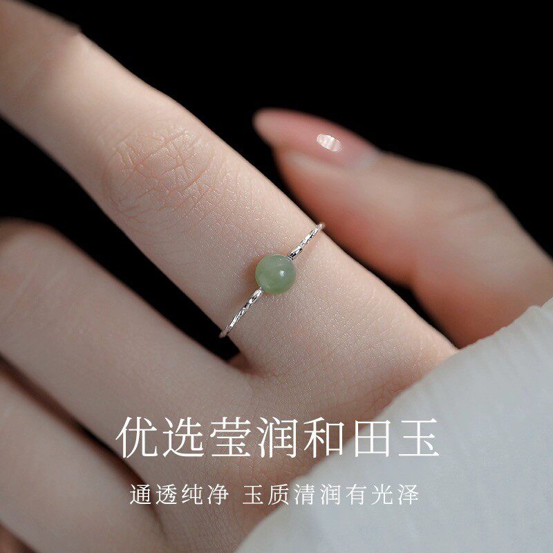s925纯银和田玉圆珠戒指女时尚温