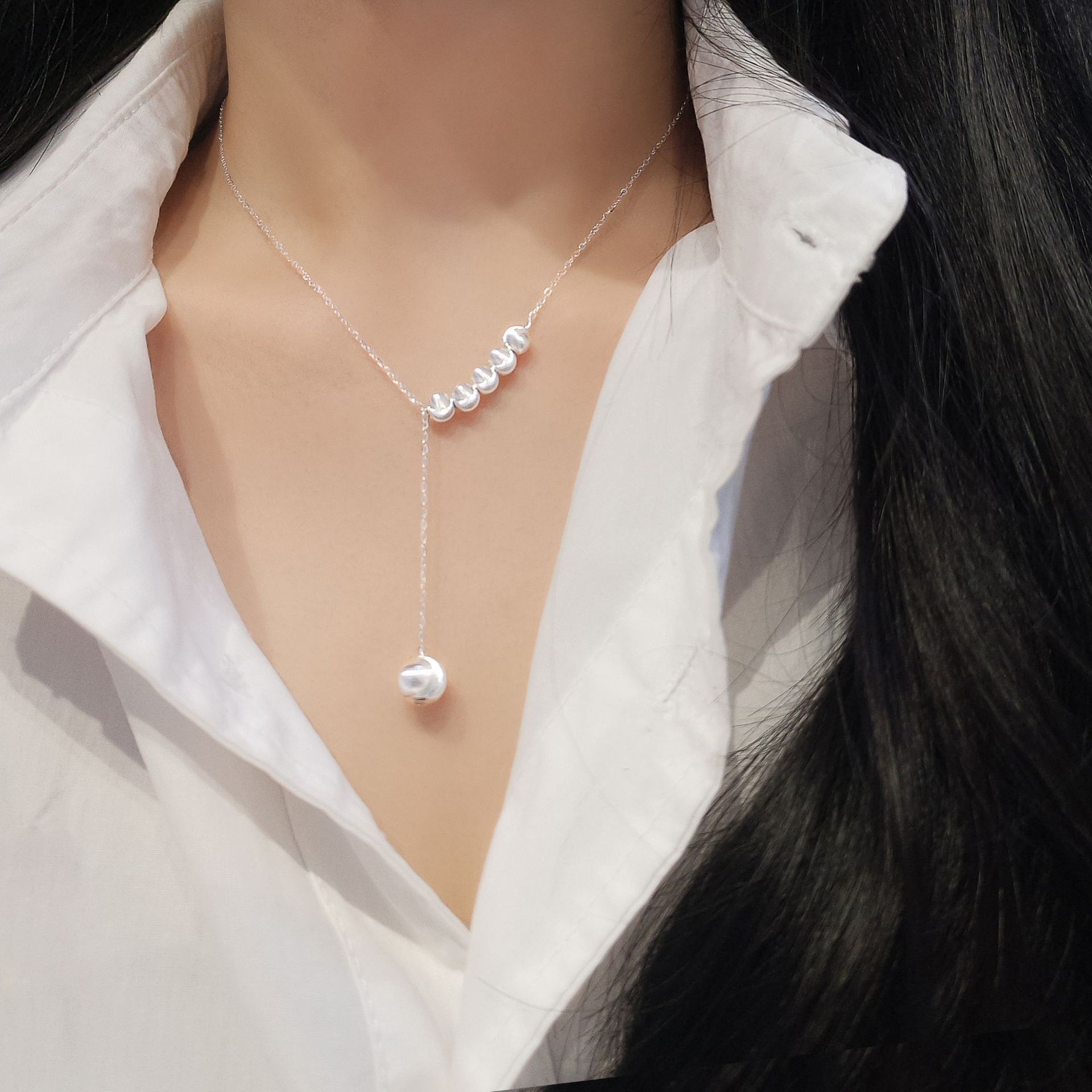 s925纯银银色拉丝圆球流苏项链女