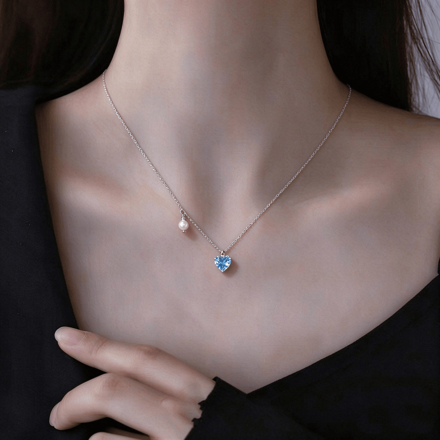 S925纯银蓝色锆石爱心珍珠项链女