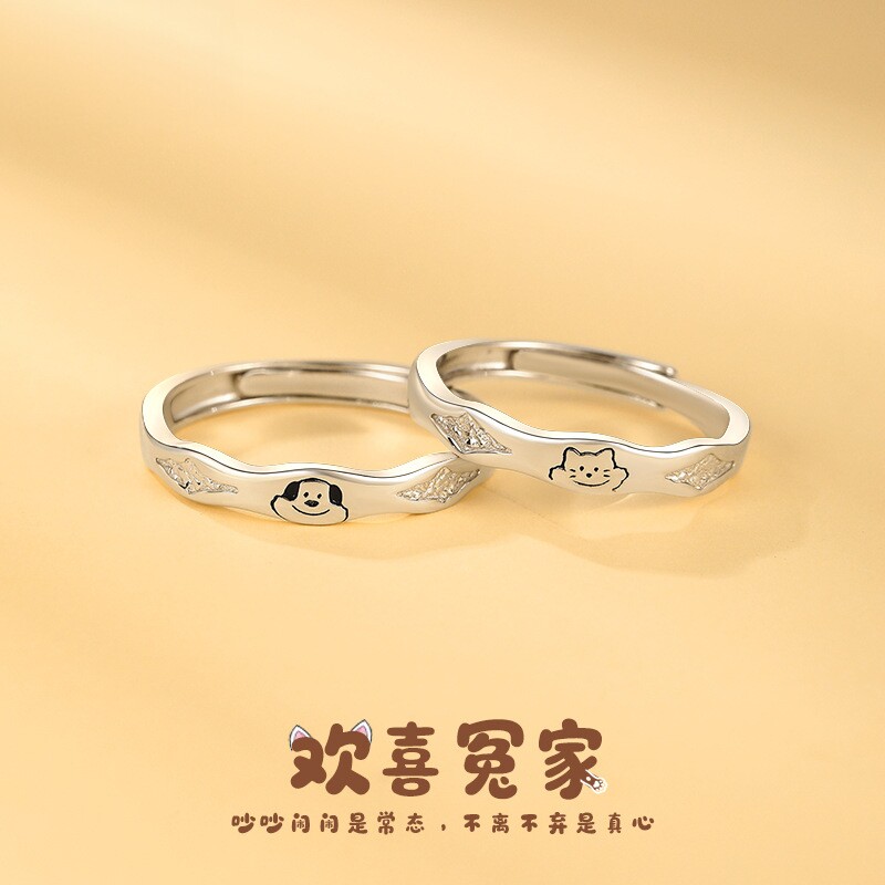 S999足银萌趣猫狗情侣戒指女男一