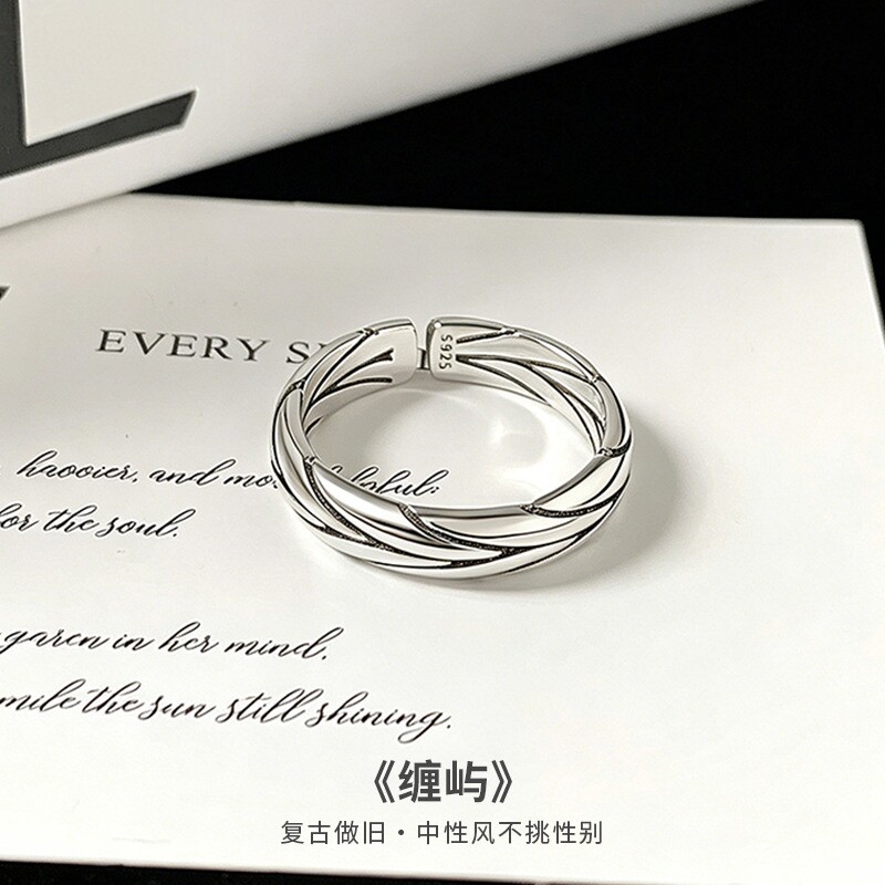 S925纯银新款线条缠绕复古泰银编