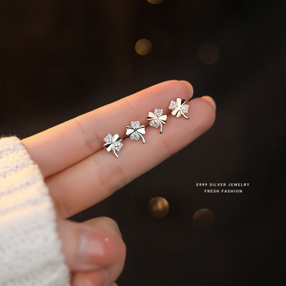s999足银微镶锆石四叶草耳钉女可