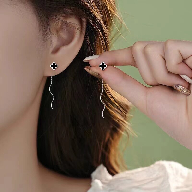 S925纯银四叶草耳环女简约韩版小