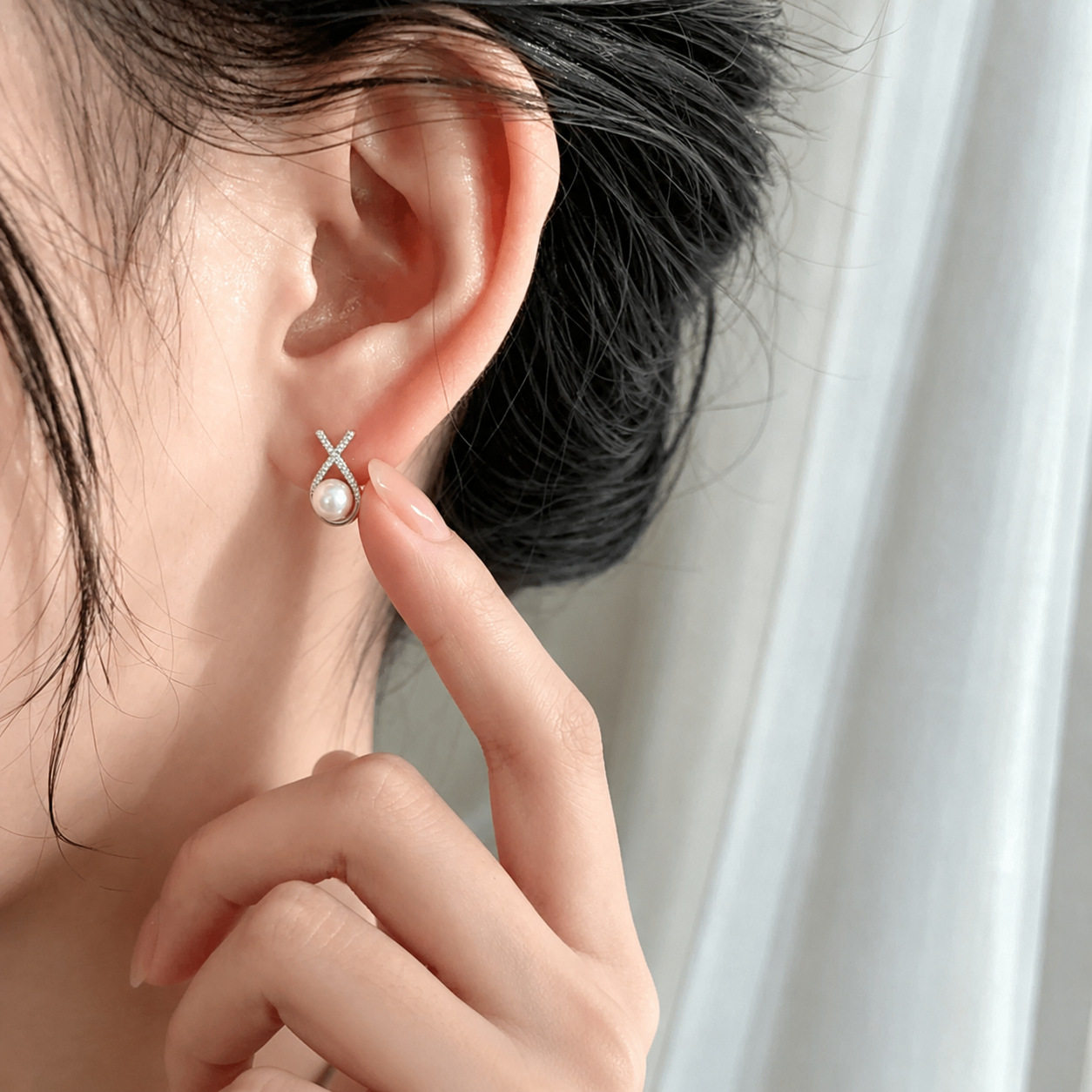 S925纯银交叉微镶珍珠耳钉女法式