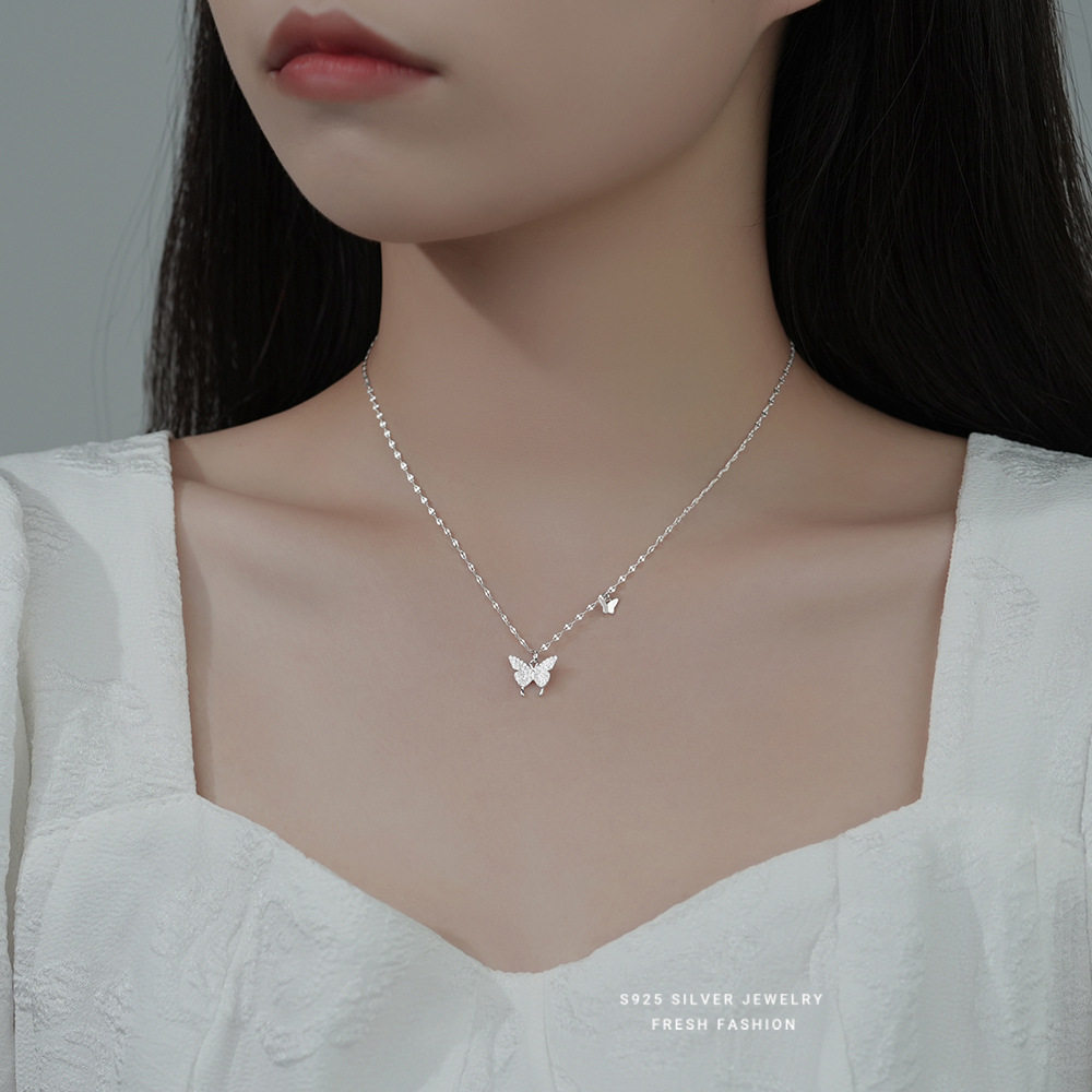 s925纯银满钻蝴蝶项链女双蝴蝶轻