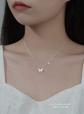 s925纯银满钻蝴蝶项链女双蝴蝶轻