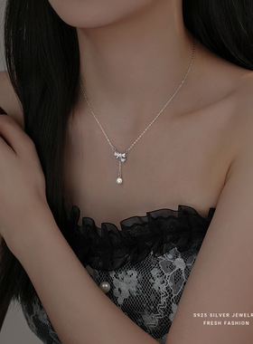 s925银蝴蝶结项链女小众设计时尚