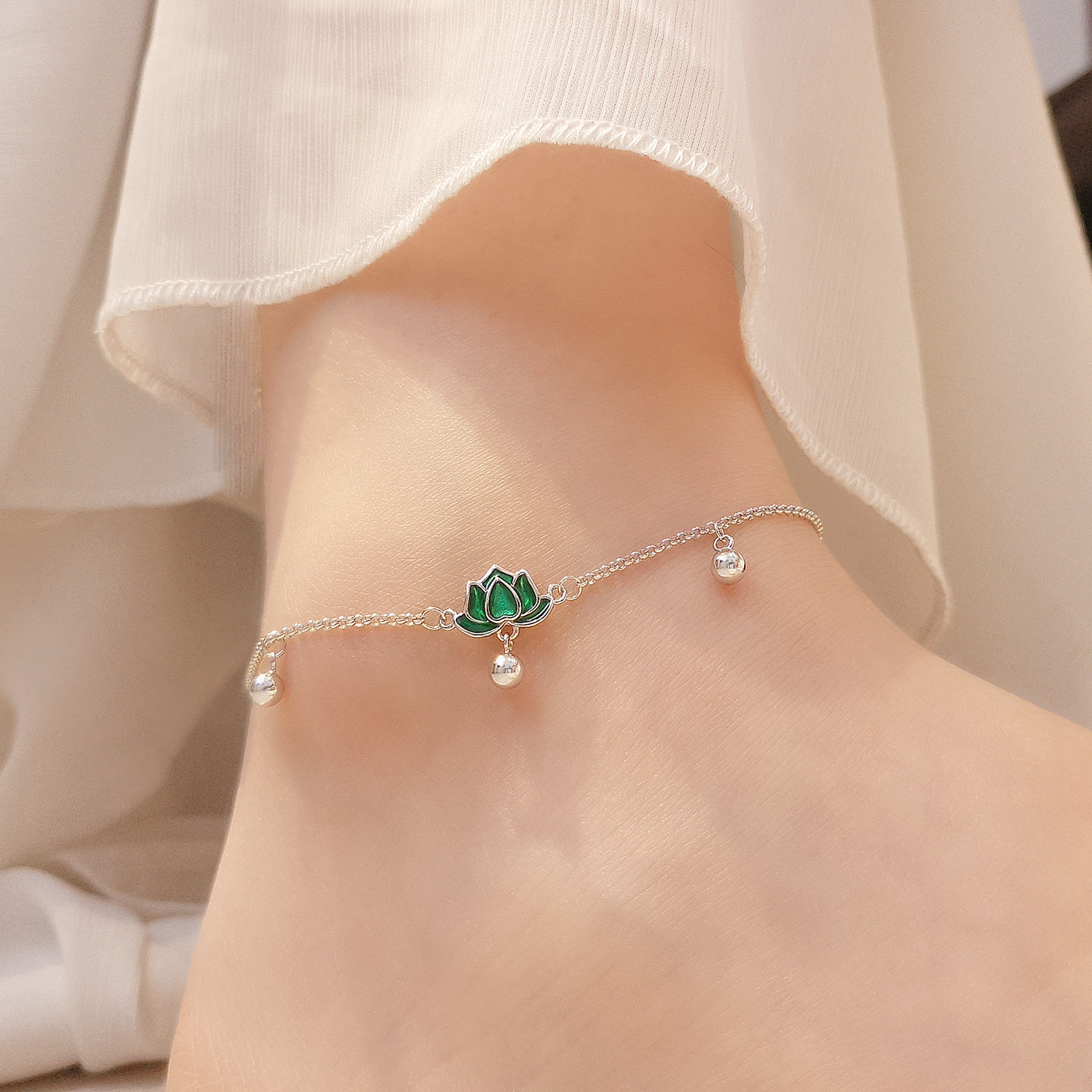 s925纯银步步生莲银珠脚链女复古