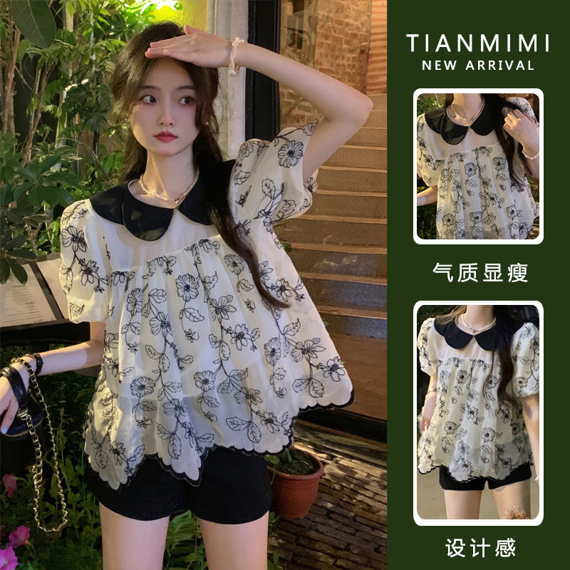 MATERNITY SUMMER 2023 NEW KOREAN VERSION SET DOLL COLLAR COLOR-BLOCKED TOP + BELLY SUPPORT SHORTS LOOSE TWO-PIECE SET