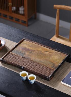 天然岩石茶盘紫竹崖石茶台手工竹编干泡盘藤编壶承茶托茶具收纳盘