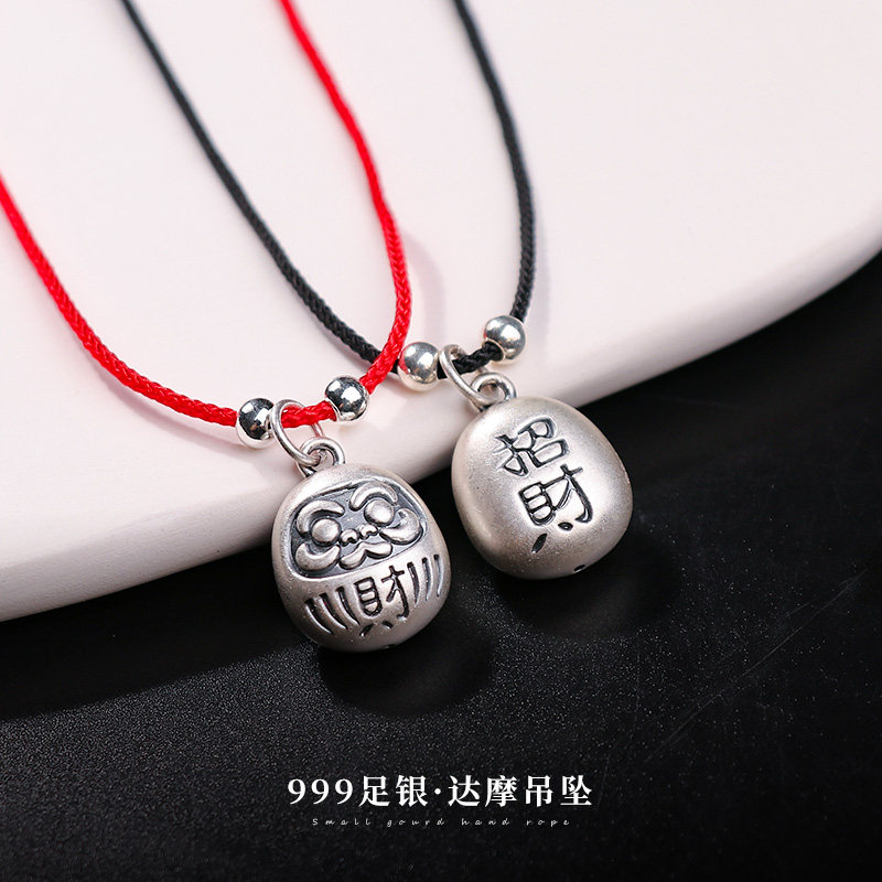 999纯银达摩项链黑绳复古小众设计招财首饰品纳福达摩蛋吊坠女款