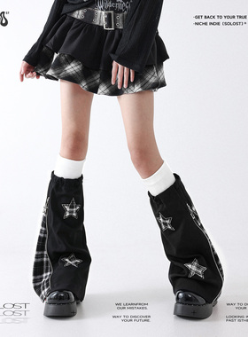 Solost 拉链星星格子小腿套女夏季款y2k亚文化胖mm假两件喇叭袜套