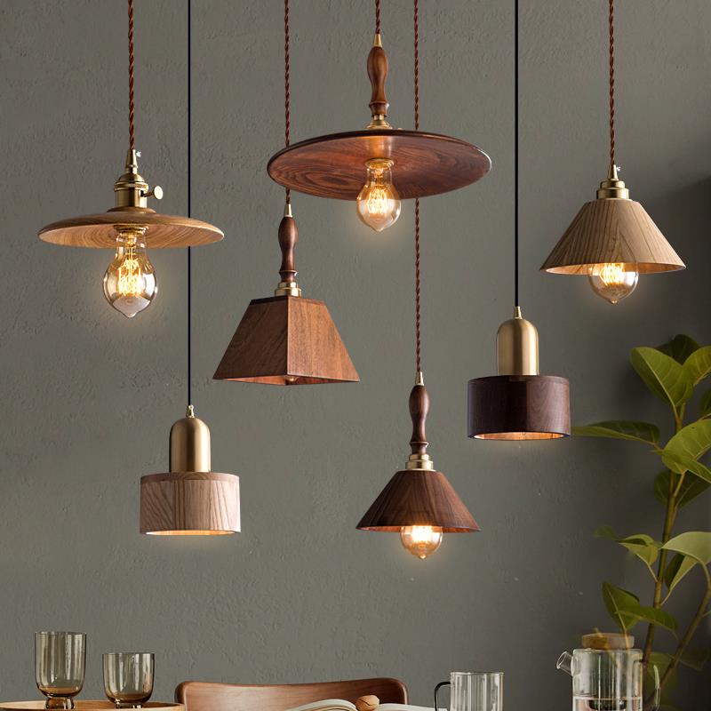 ins北欧风黑胡桃木床头饭厅实木吊灯吧台饭厅覆古原木色黄铜吊灯