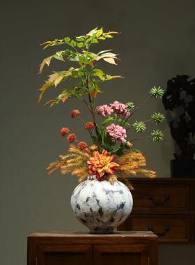 新中国风陶瓷花瓶模拟南地那漆树插花客厅入口桌子装饰酒店民宿装