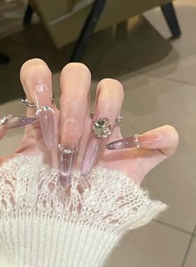 【奶雾蔷薇】梦幻紫色渐变长款法式猫眼温柔气质手工穿戴甲高级感