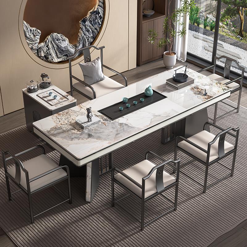 轻奢岩板茶桌椅组合高级感办公室奢石茶台烧水壶一体全自动大板桌