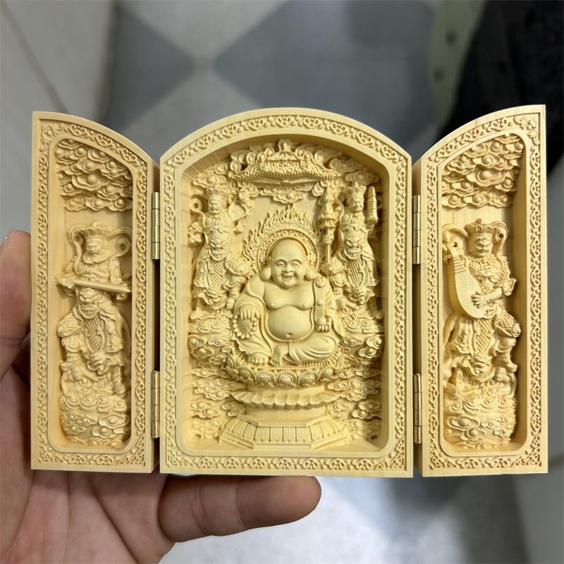 黄杨木雕三开盒手把件观音三清佛像摆件实木随身佛龛妈祖工艺礼品