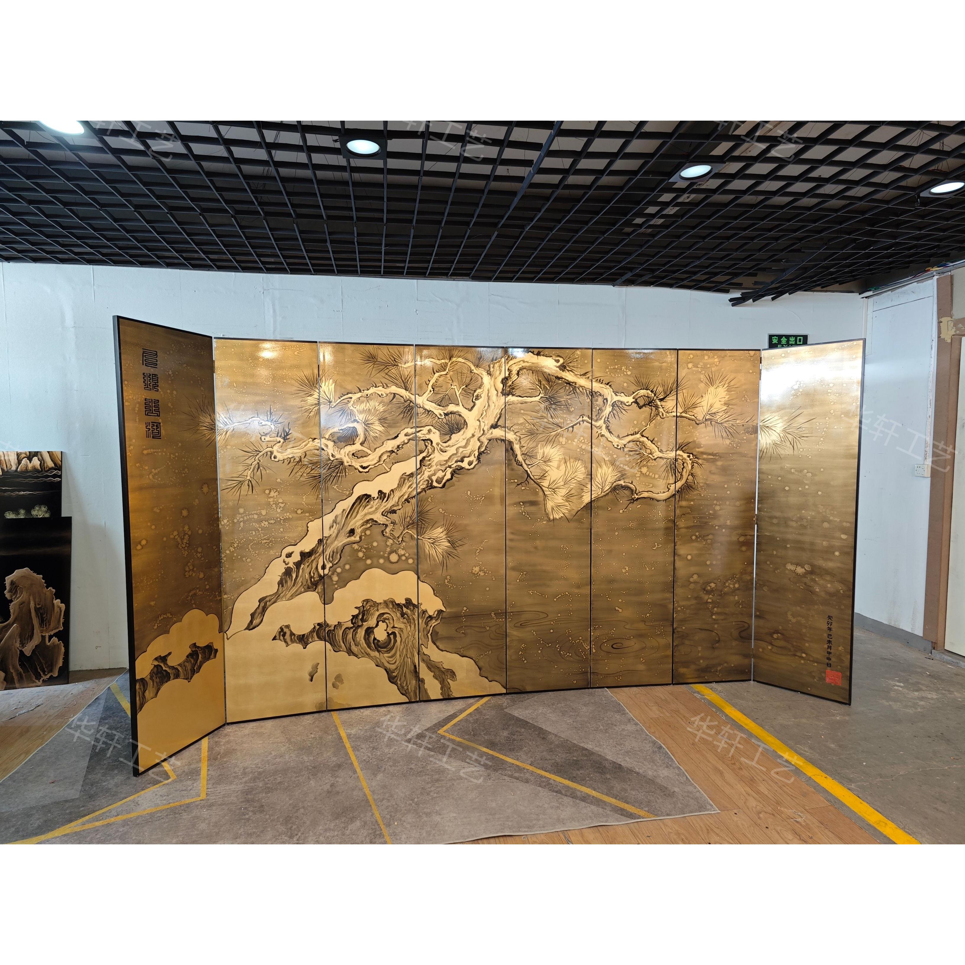 定制中古手绘漆画古松仙鹤屏风隔断玄关茶室折叠酒店背景装饰餐厅