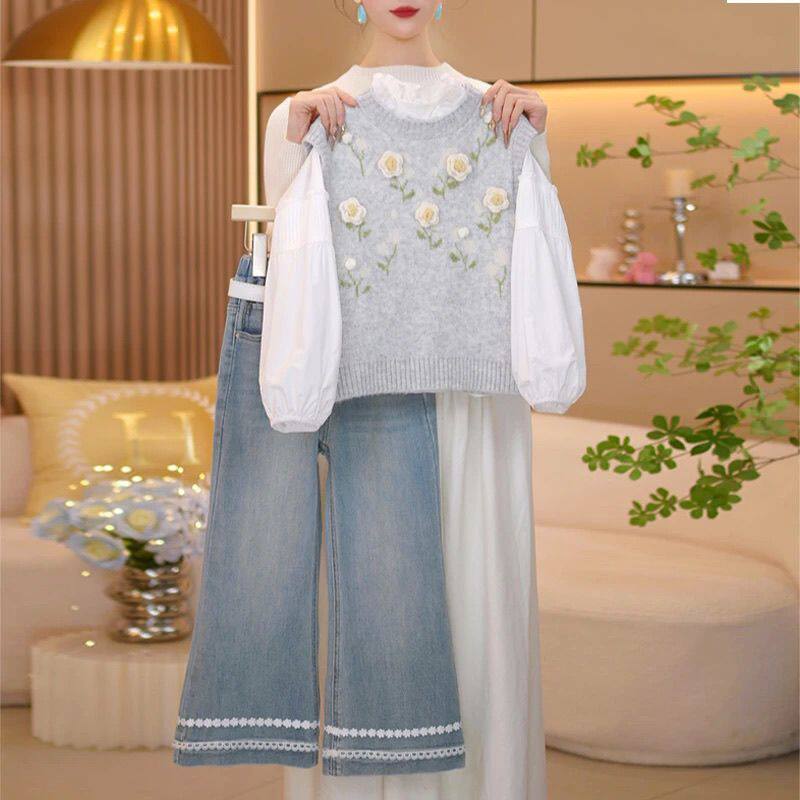 女童春季套装2026新款儿童针织马甲圆领衬衫微喇牛仔裤女宝三件套