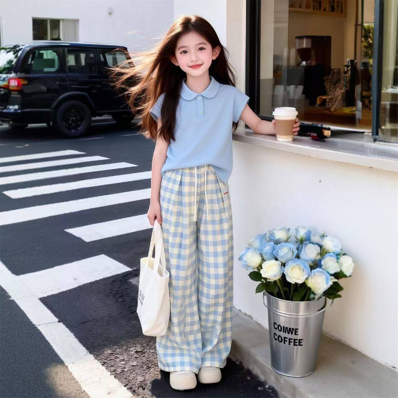 女童夏季套装2026新款-Polo短袖T恤格子裤两件套儿童夏装透气薄款