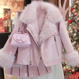 女童冬季皮衣套装2025新款儿童保暖外套韩版加厚夹克百褶裙两件套