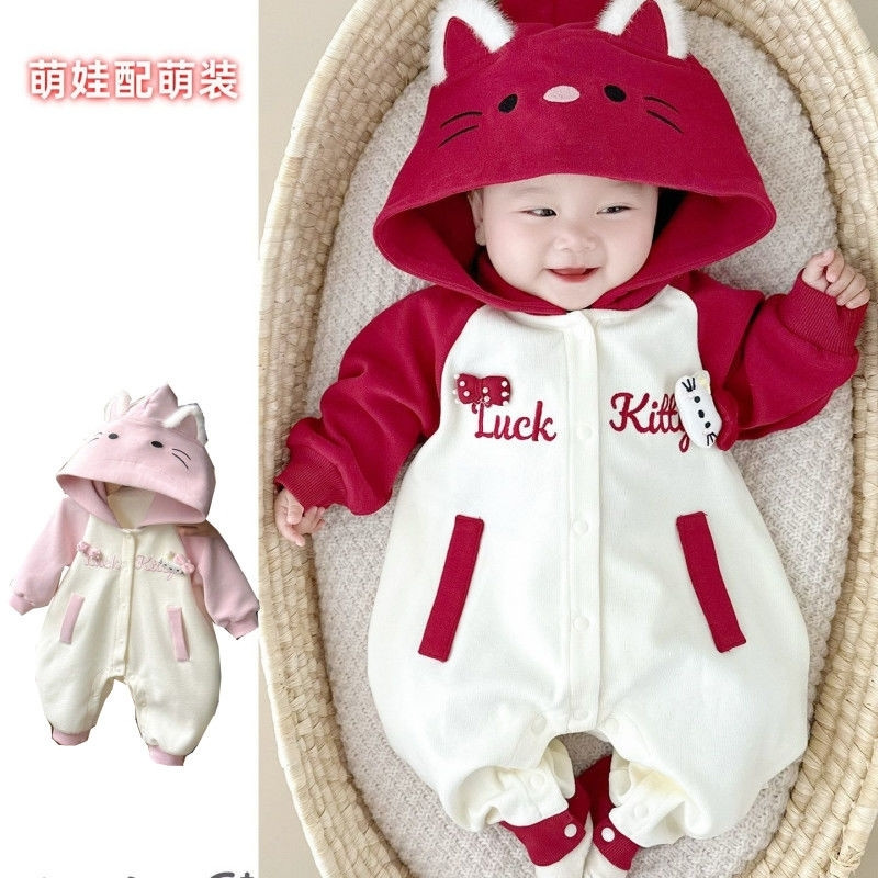 婴幼儿秋季连体衣外套可爱新款女宝宝韩版长袖满月连帽外出服爬服