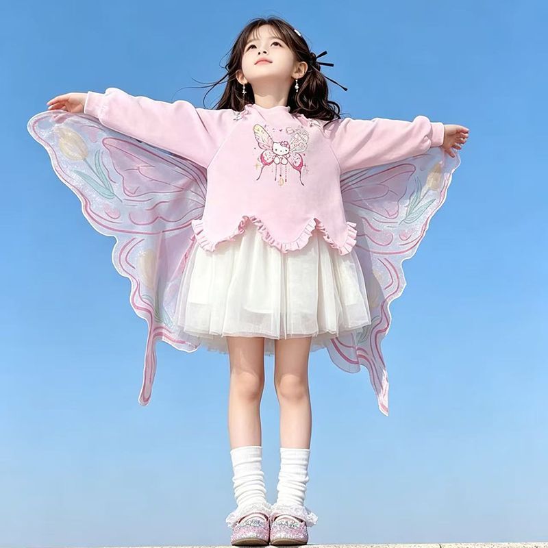女童连衣裙网纱2026新洋气儿童印花翅膀小女孩秋装卡通公主卫衣裙