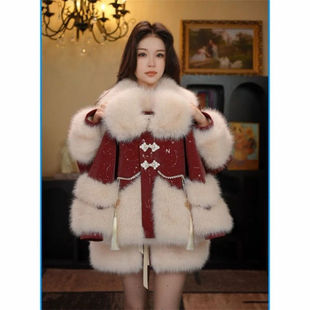 女童拜年服仿皮草红色毛毛衣女宝洋气国风盘扣加绒加厚亲子装外套