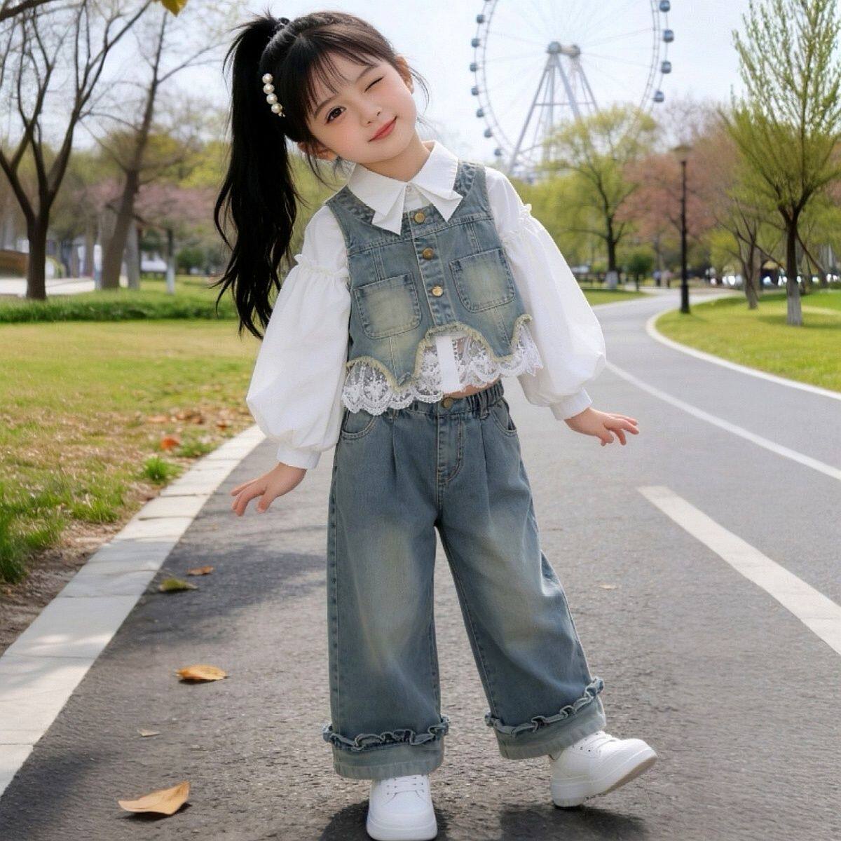 女童牛仔春秋套装2026新款儿童洋气时髦马甲衬衫女宝阔腿裤三件套