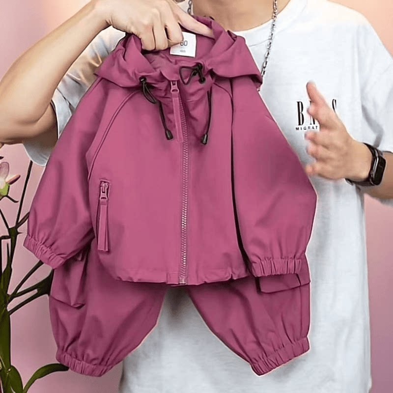 男女童春装套装宝宝洋气休闲冲锋衣春秋衣服儿童帅气连帽长袖上衣