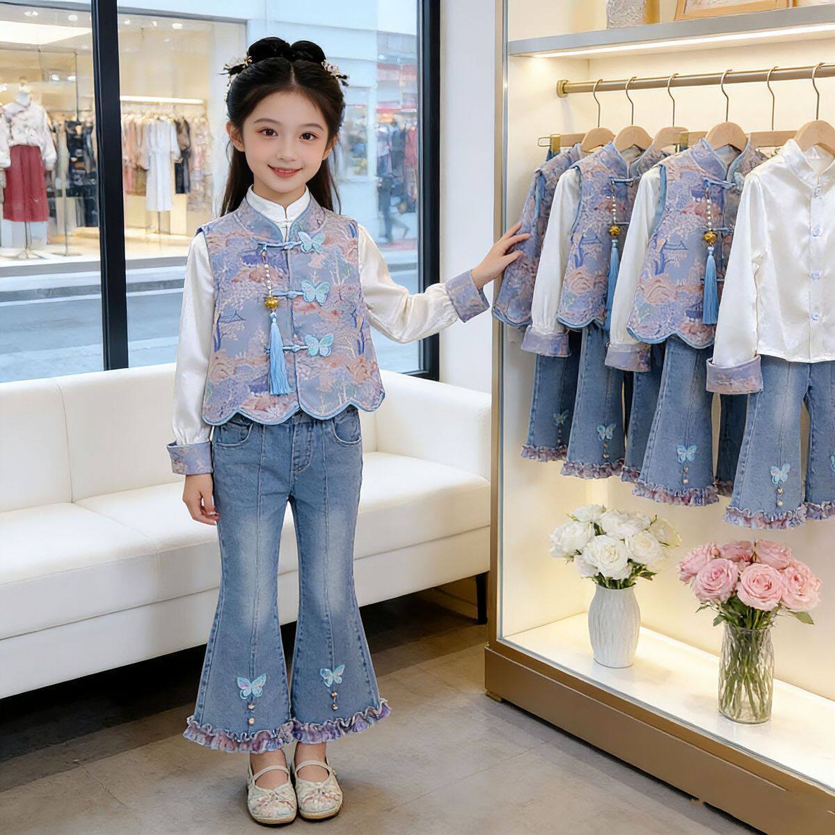女童春装套装2026新款洋气儿童时髦新中式蝴蝶三件套女孩春季衣服