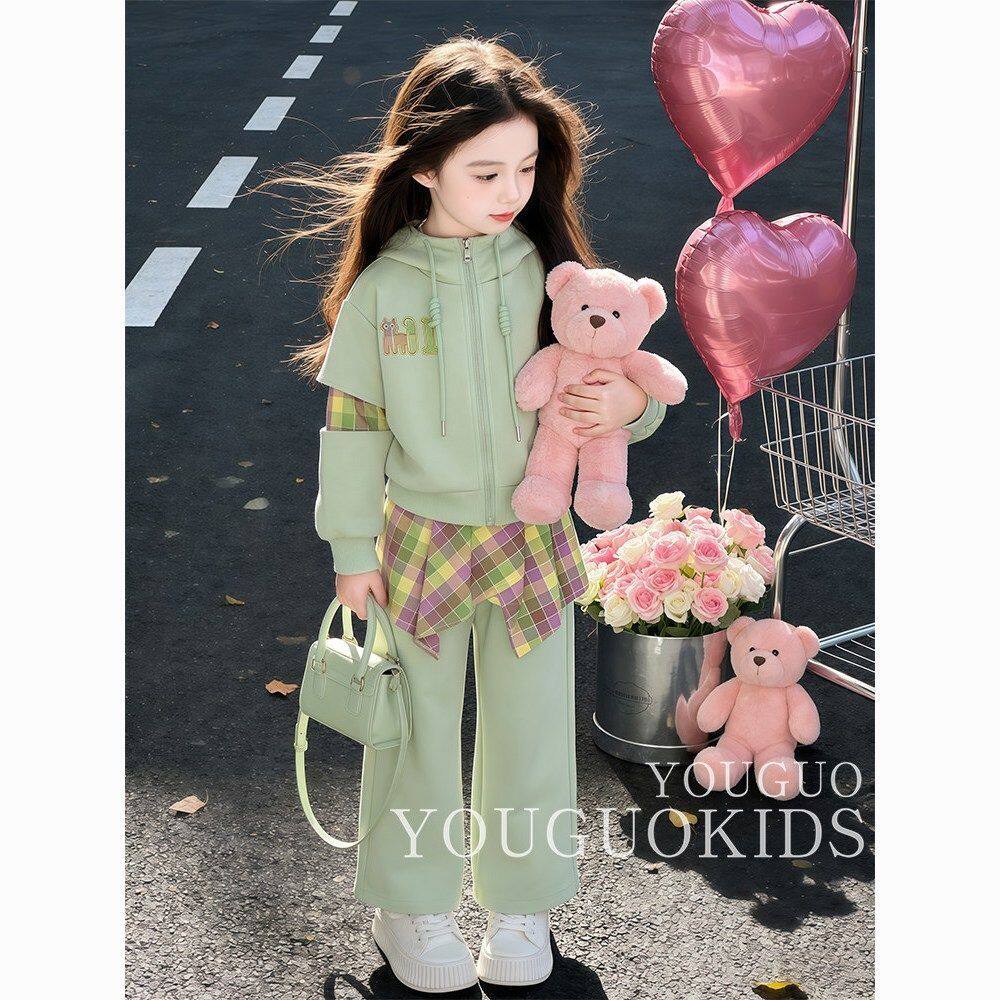 女童套装春装2026新款洋气儿童连帽外套卫衣两件套超萌爆款开春潮