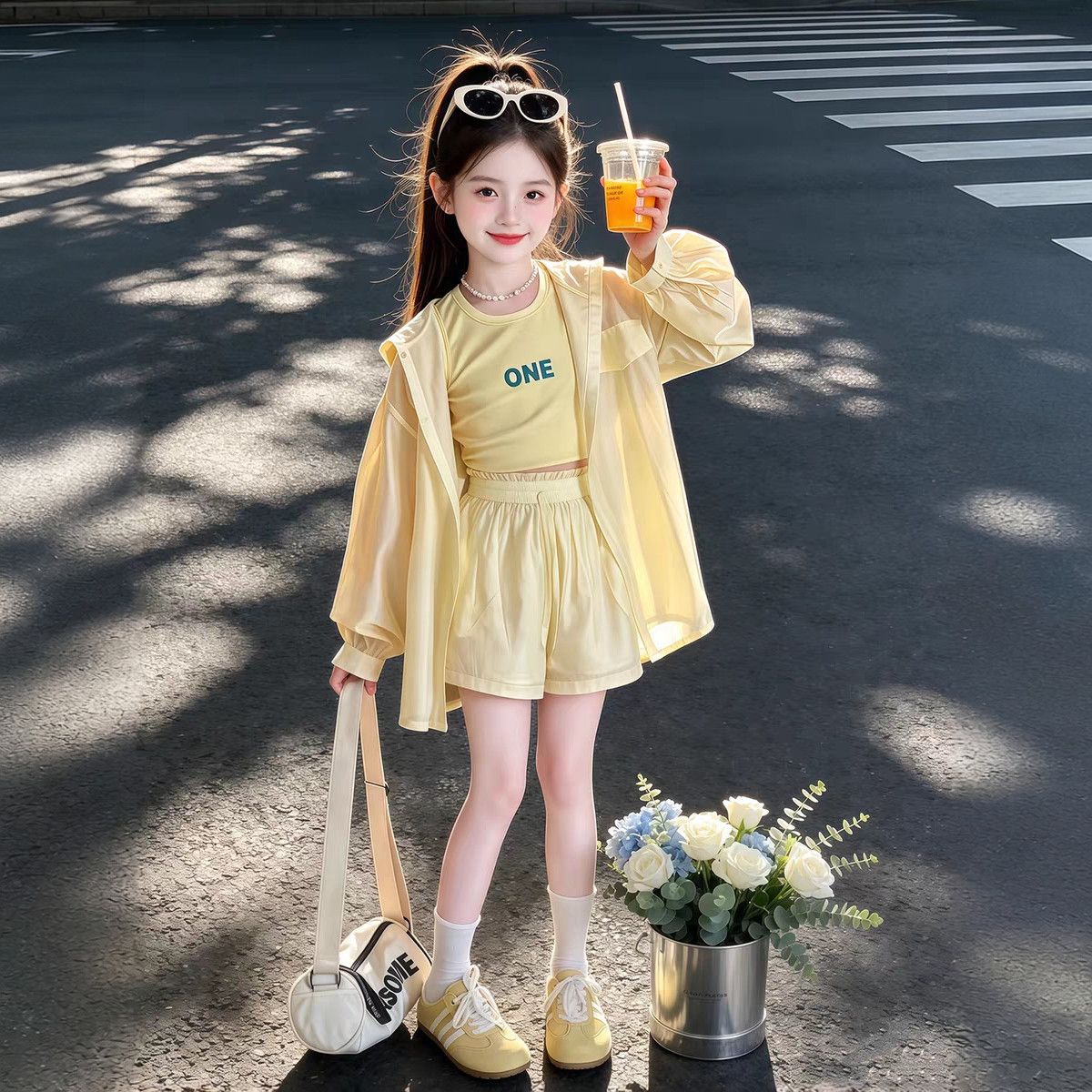 女童夏季防晒套装2026新款中大童夏装薄款防晒衣短裤背心三件套