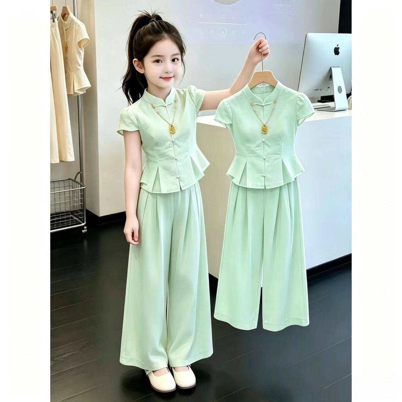 女童套装夏季新中式2026盘扣裙裤国风汉服中大童洋气旗袍两件套潮