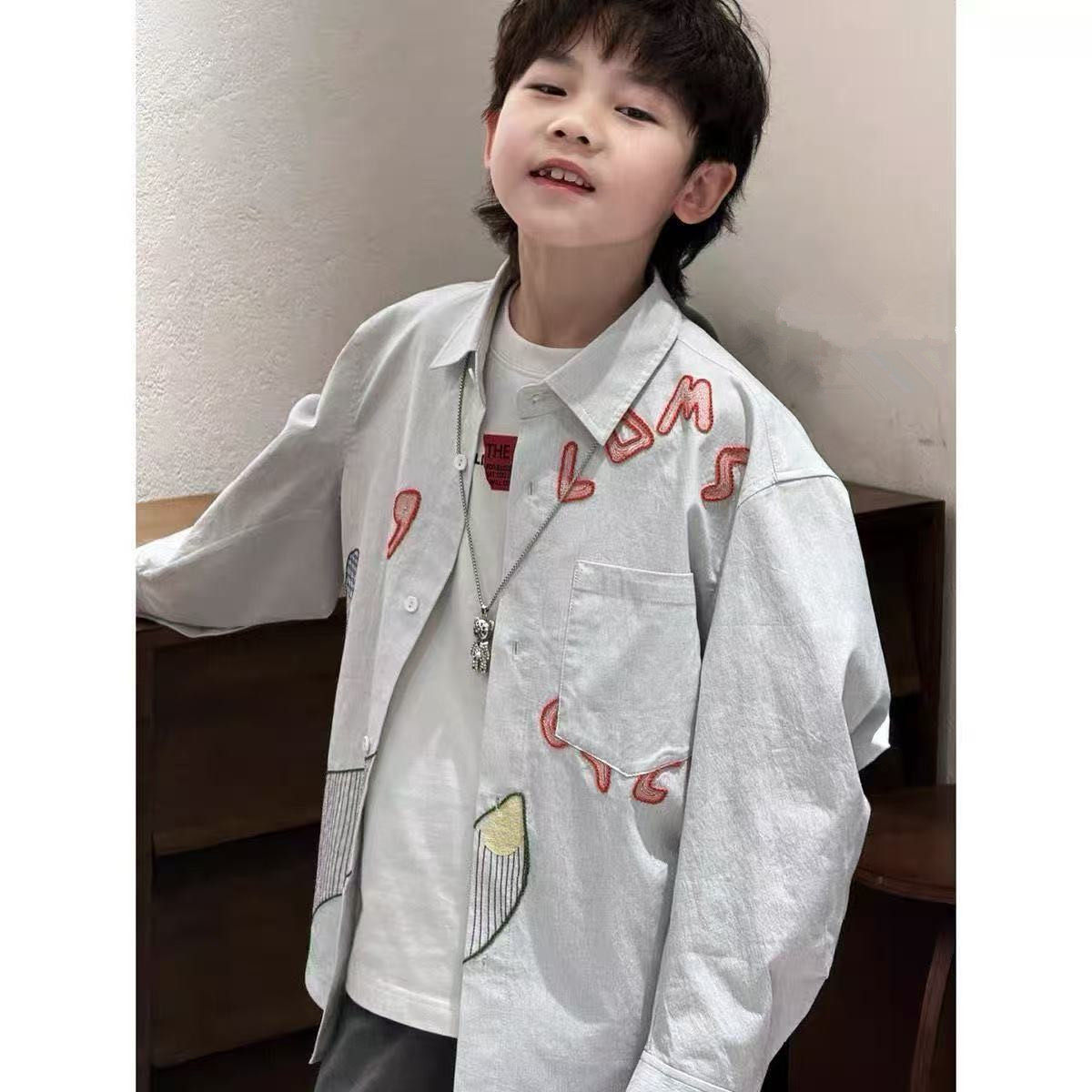男童刺绣宽松衬衫春秋薄款长袖衬衣中大童韩系潮流上衣外穿外套潮