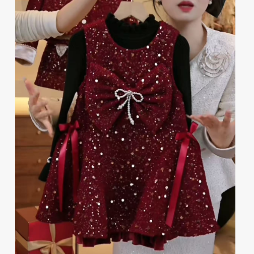 女童小香风亮片背心裙冬装2025新款儿童韩版蝴蝶结加绒公主连衣裙