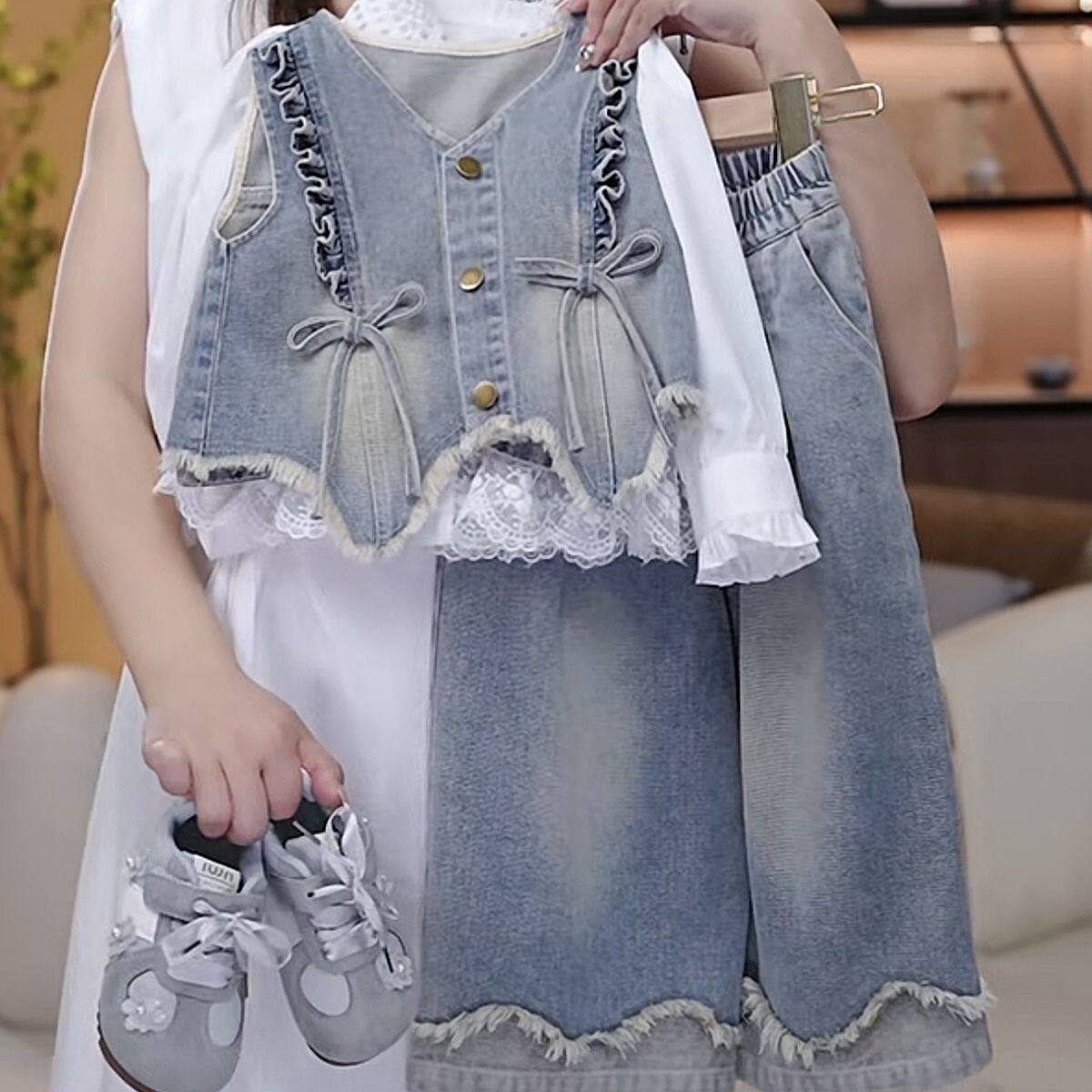 女童新款2026洋气时髦套装衬衫牛仔马甲儿童阔腿裤春秋时尚三件套